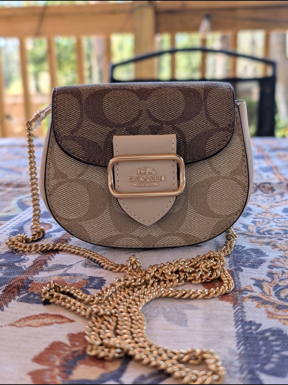 Coach Beige and Brown Signature Canvas Crossbody Bag with Gold Chain